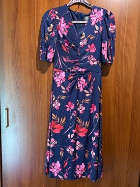 Vince Camuto Navy Midi Dress with Pink Floral Print